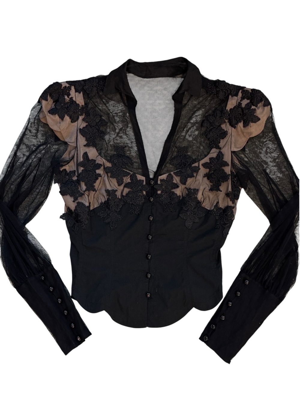 Byron Lars Beauty Mark Black Sheer Lace Floral Top Corset Button Cuffs 6
